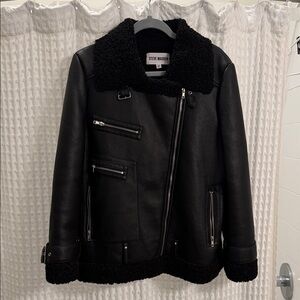 Steve Madden Black Leather Jacket with Shearling Trim